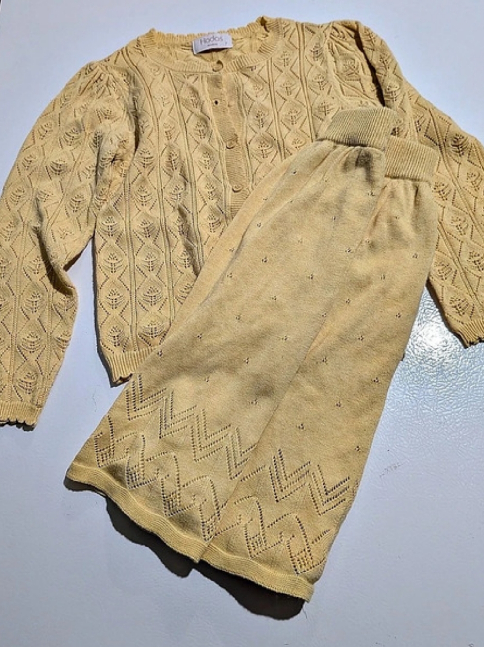 Hadas #minilove Girls Size 7 Butter Yellow Pointelle Knit Cardigan & Skirt Set